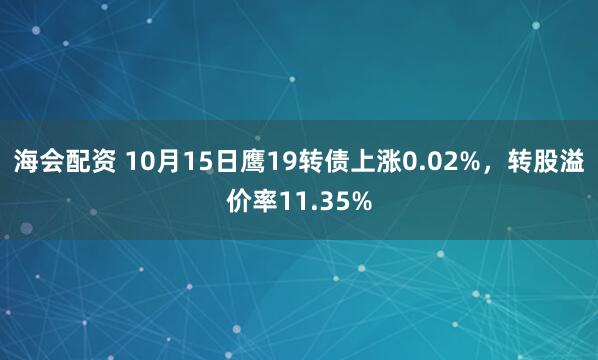 海会配资 10月15日鹰19转债上涨0.02%，转股溢价率11.35%